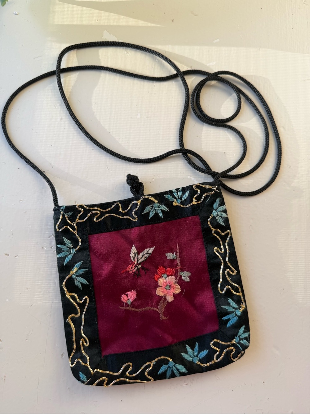 Vintage Hand Embroidered 100% Silk Crossbody Small Bag - Black & Burgundy